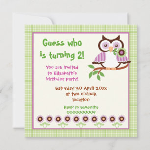 Spring owl kids birthday party green border invitation