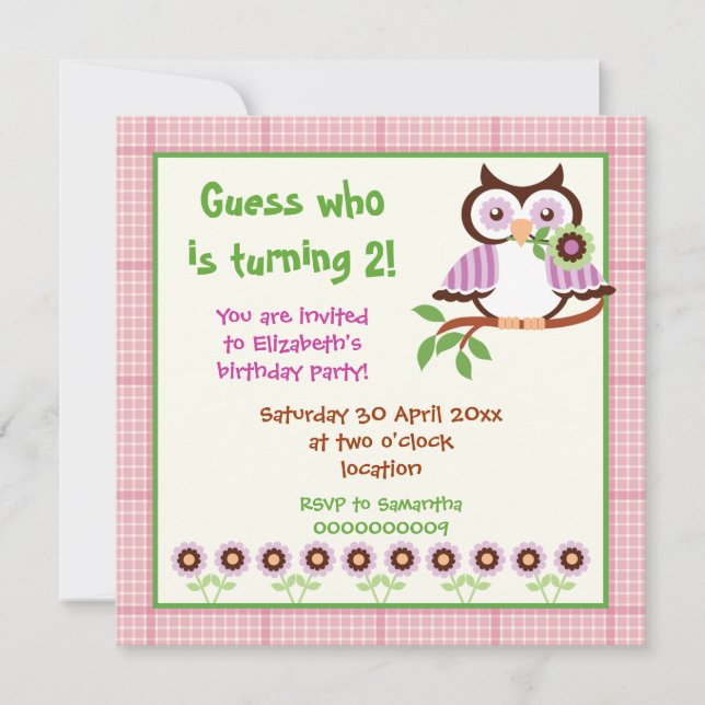 Spring owl kids birthday party pink border invitation (Front)