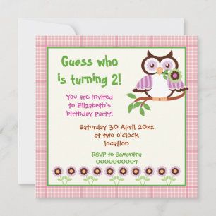 Spring owl kids birthday party pink border invitation