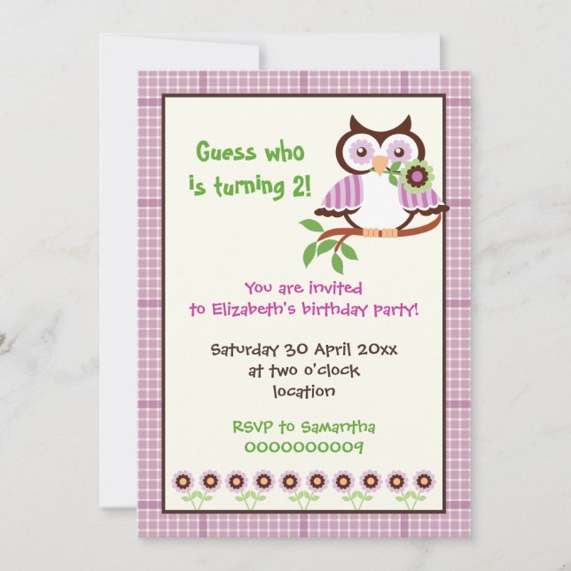 Spring owl kids birthday party purple border invitation (Front)