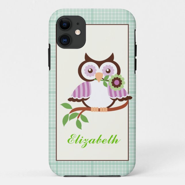 Spring owl, mint green plaid border iPhone Case-Mate iPhone Case (Back)