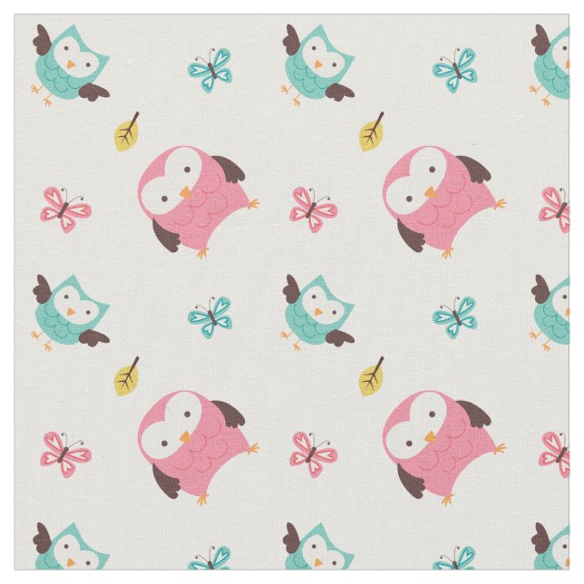 Spring Owls and Butterflies Fabric (Close Up)