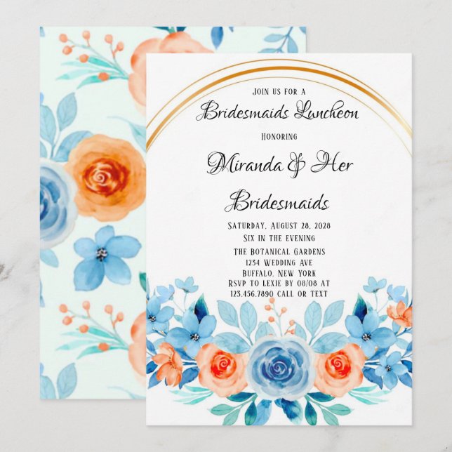 Spring Paint Blue Orange Floral Bridesmaids Lunch Invitation (Front/Back)