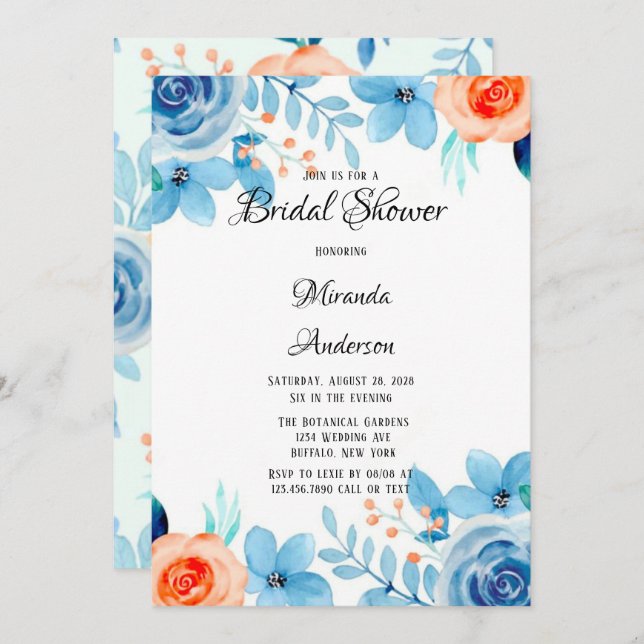 Spring Paint Blue Orange Florals Bridal Shower Invitation (Front/Back)