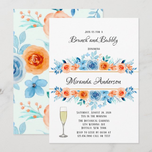 Spring Paint Blue Orange Florals Brunch and Bubbly Invitation (Front/Back)