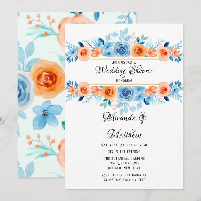Spring Paint Blue Orange Florals Wedding Shower Invitation (Front/Back)