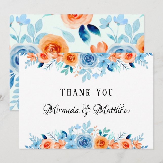 Spring Paint Blue Orange Florals Wedding Thank You Invitation (Front/Back)