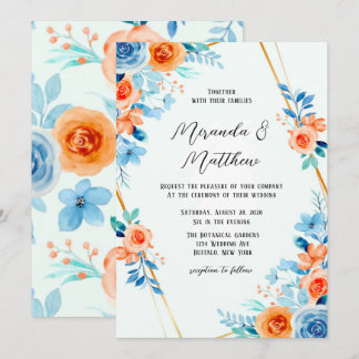 Spring Paint Blue Orange Watercolor Floral Wedding Invitation