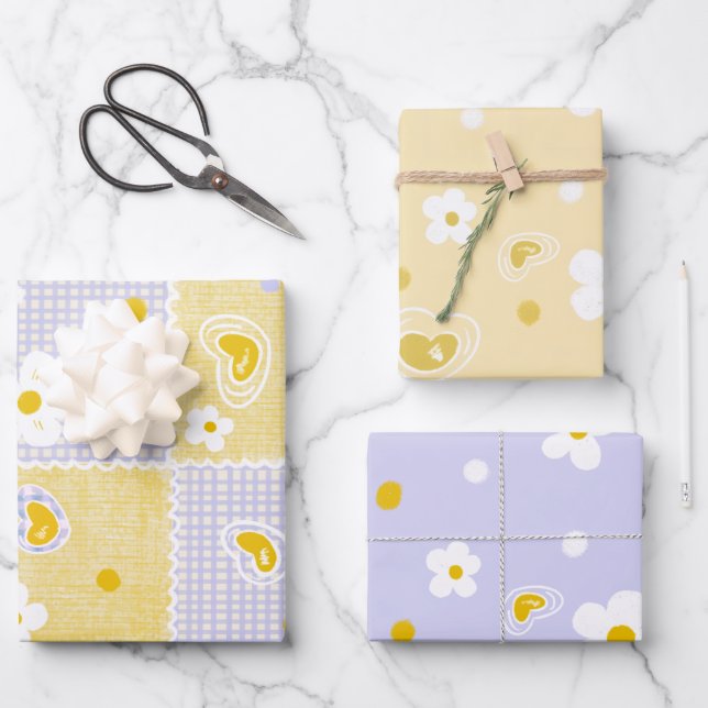 Spring Pastel Floral & Hearts Wrapping Paper Sheet (Front)