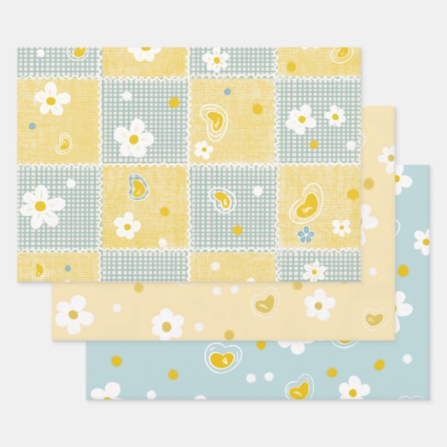 Spring Pastel Floral & Hearts Wrapping Paper Sheet (Set)