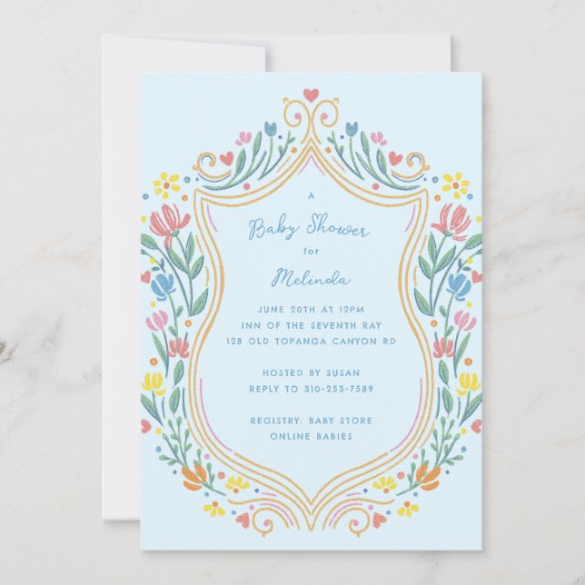 Spring Pastel Floral Shield Blue Baby Shower Invitation (Front)