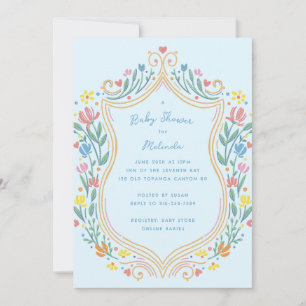 Spring Pastel Floral Shield Blue Baby Shower Invitation
