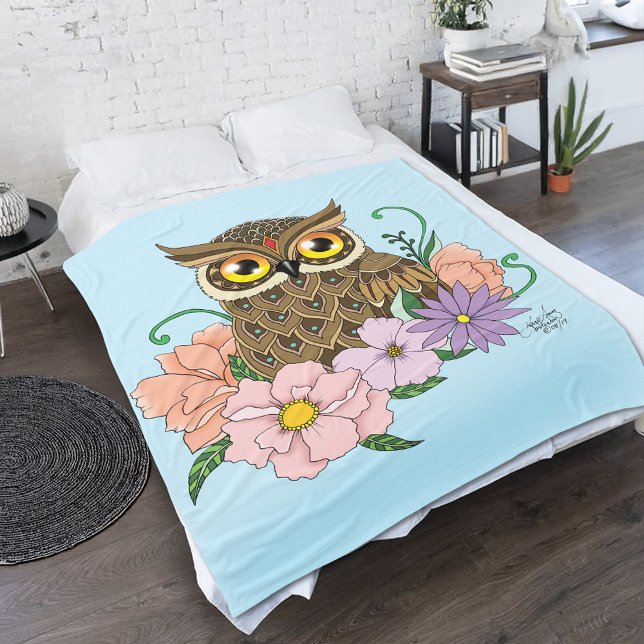 Spring Pastel Flowers Owl Fleece Blanket (Creator Uploaded)
