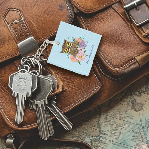 Spring Pastel Flowers Owl Key Ring