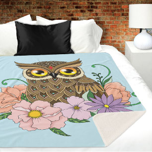 Spring Pastel Flowers Owl Sherpa Blanket