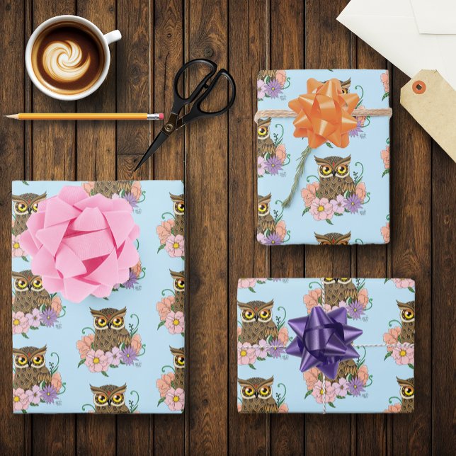 Spring Pastel Flowers Owl Wrapping Paper Sheet (Creator Uploaded)