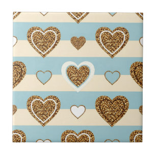 Spring Pastel Heart Stripe with Gold Accents Tile
