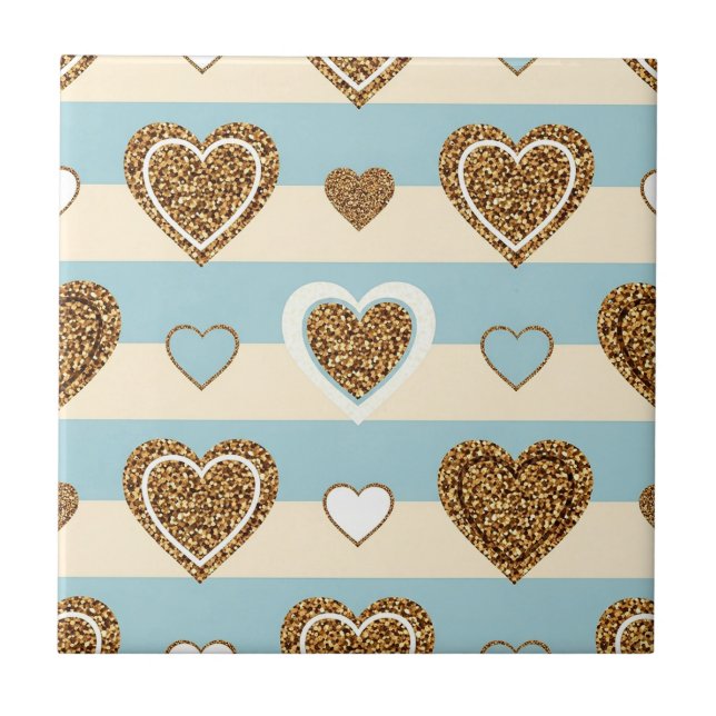 Spring Pastel Heart Stripe with Gold Accents Tile (Front)