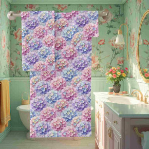 Spring Pastel Hydrangeas and Diamonds Towel Set