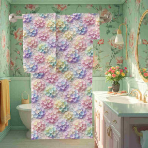 Spring Pastel Hydrangeas and Diamonds Towel Set
