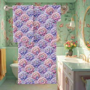 Spring Pastel Hydrangeas and Diamonds Towel Set