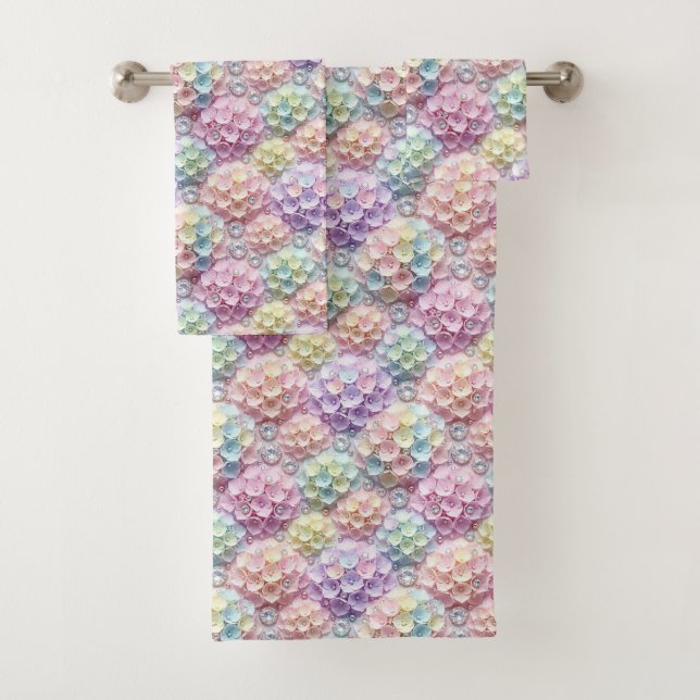 Spring Pastel Hydrangeas and Diamonds Towel Set (Insitu)