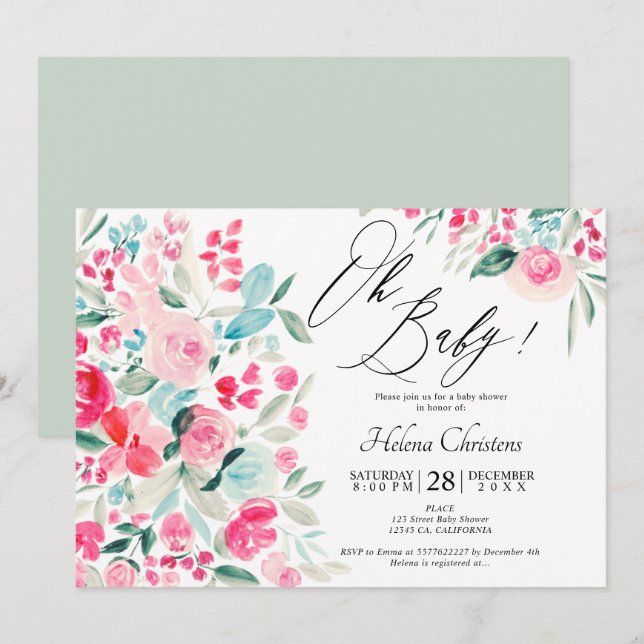 Spring pastel pink floral watercolor baby shower invitation (Front/Back)