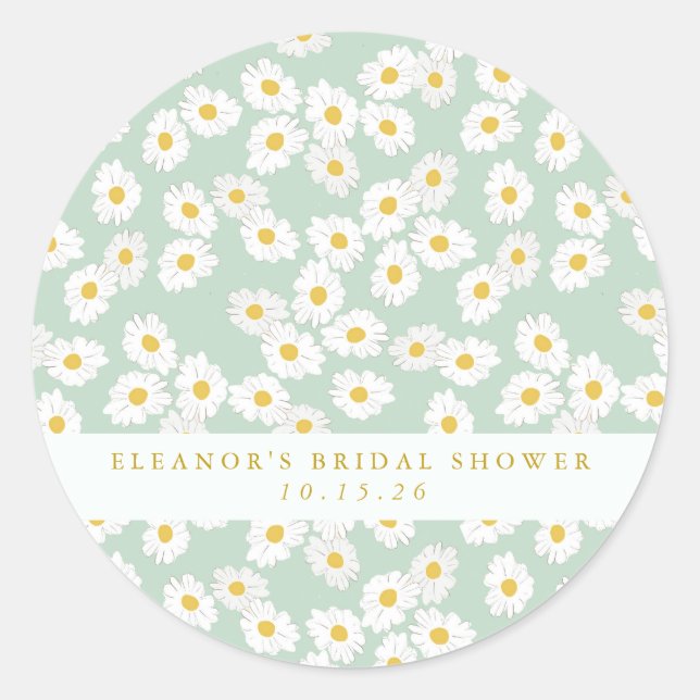 Spring Pastel Sage Daisies Bridal Shower Custom Classic Round Sticker (Front)