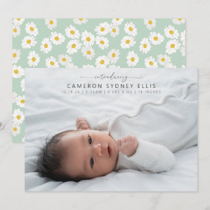 Spring Pastel Sage Green Daisies Baby Photo Birth Announcement