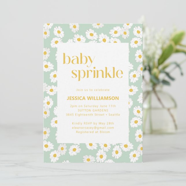 Spring Pastel Sage Green Daisies Baby Sprinkle Invitation (Standing Front)