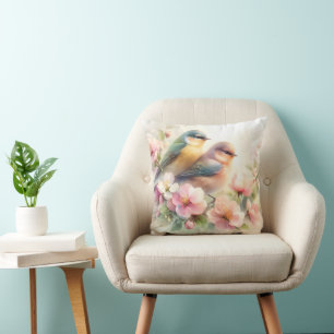 Spring Pastel Sweet Love Birds Blossoms Flowers Cushion