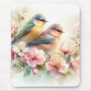 Spring Pastel Sweet Love Birds Blossoms Flowers Mouse Mat