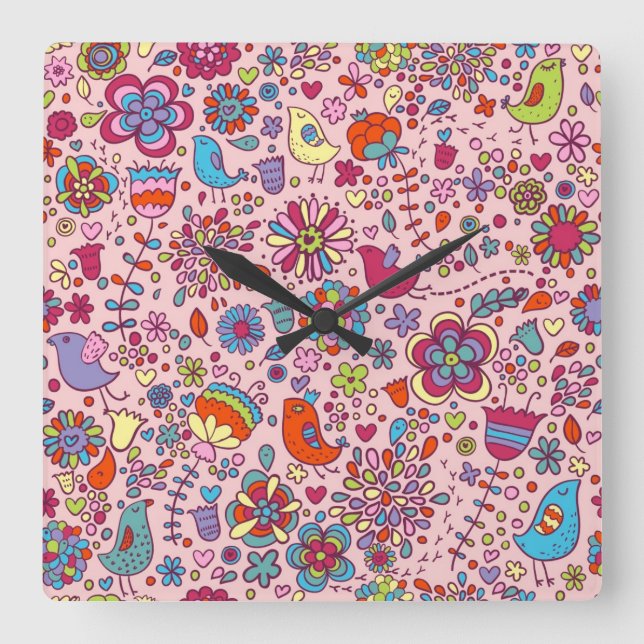 Spring pattern with colourful flowers square wall clock (Front)