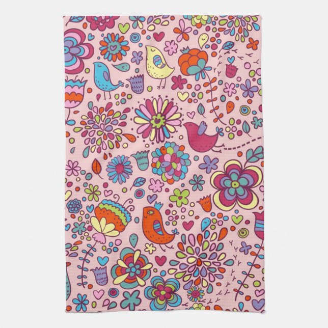 Spring pattern with colourful flowers tea towel (Vertical)