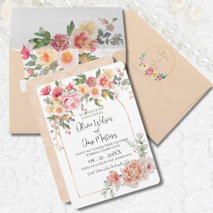 Spring Peach Floral Golden Arch Wedding Invitation
