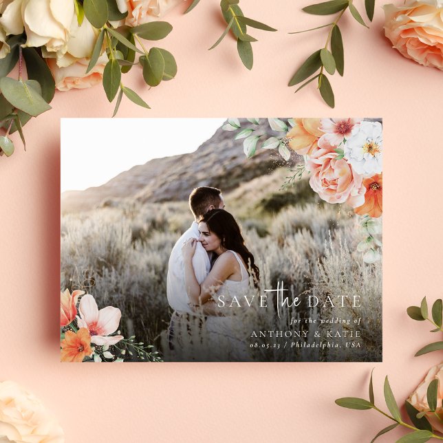 Spring Peach Floral Wedding Save the Date Photo Announcement Postcard (Creator Uploaded)
