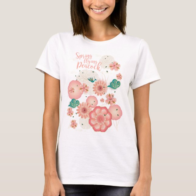 Spring Peach Garden Flying Peacock Floral Ornament T-Shirt (Front)