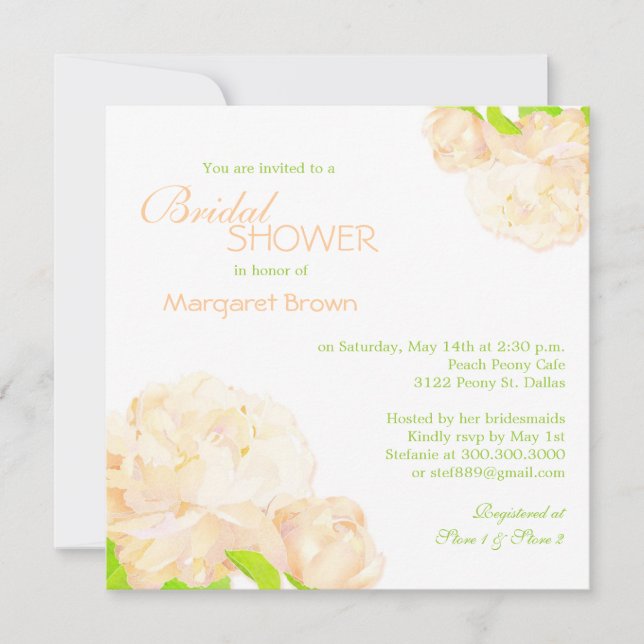 Spring Peach Peony Boho Bridal Shower Invitation (Front)