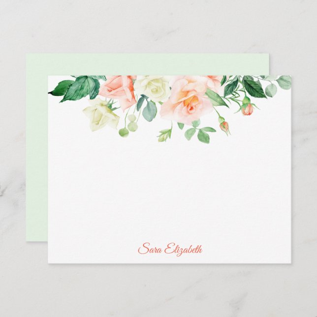 Spring Peach Roses Personalised Flat Note Card (Front/Back)