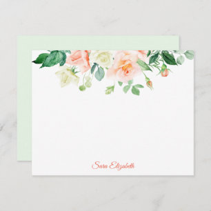 Spring Peach Roses Personalised Flat Note Card