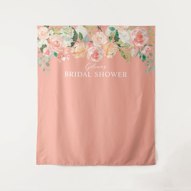 Spring Peach Watercolor Floral Backdrop Shower Tapestry (Front)