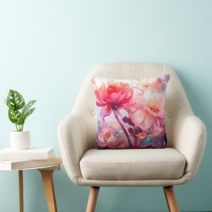 Spring Peony Bloom Garden Watercolor Cushion
