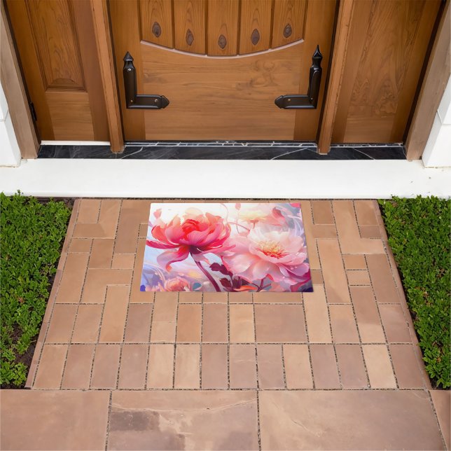 Spring Peony Bloom Garden Watercolor Doormat (Outdoor)