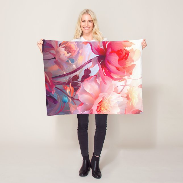 Spring Peony Bloom Garden Watercolor Fleece Blanket (In Situ)