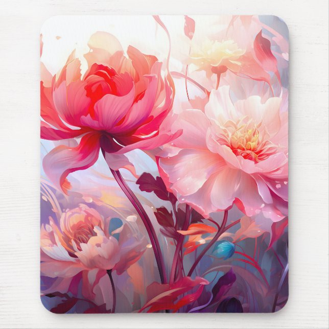 Spring Peony Bloom Garden Watercolor Mouse Mat (Front)
