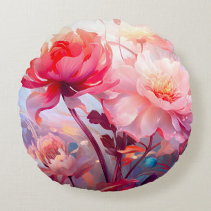 Spring Peony Bloom Garden Watercolor Round Cushion