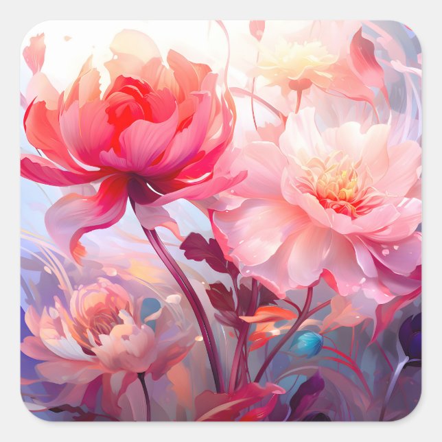 Spring Peony Bloom Garden Watercolor Square Sticker (Front)