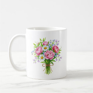 Spring Peony Bouquet Watercolor Ladybug Mug
