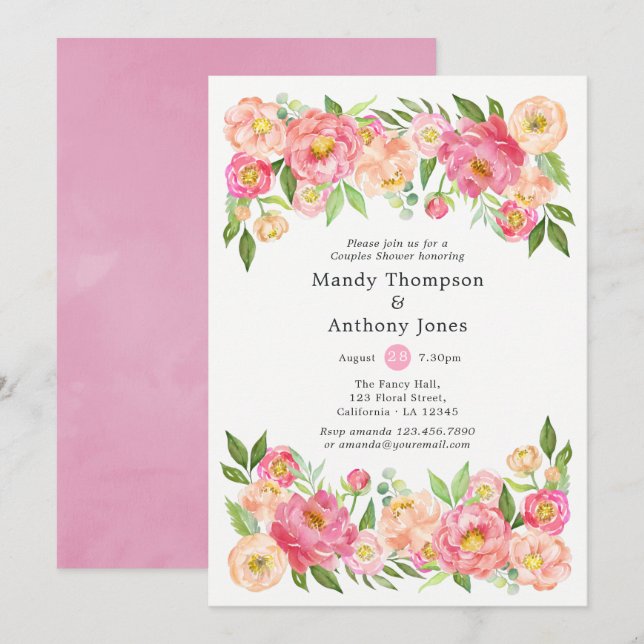 Spring Peony Flower Couples Shower Invitation (Front/Back)