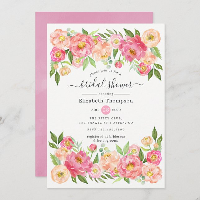 Spring Peony Flowers Bridal Shower Invitation (Front/Back)